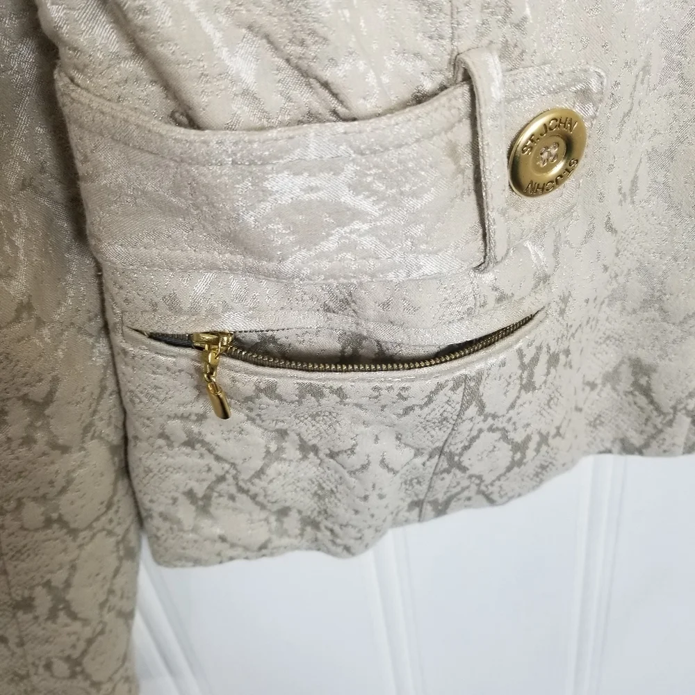 St John Evening Jacket Size 4 Champagne Metallic Brocade Gold Zip Blazer Elegant